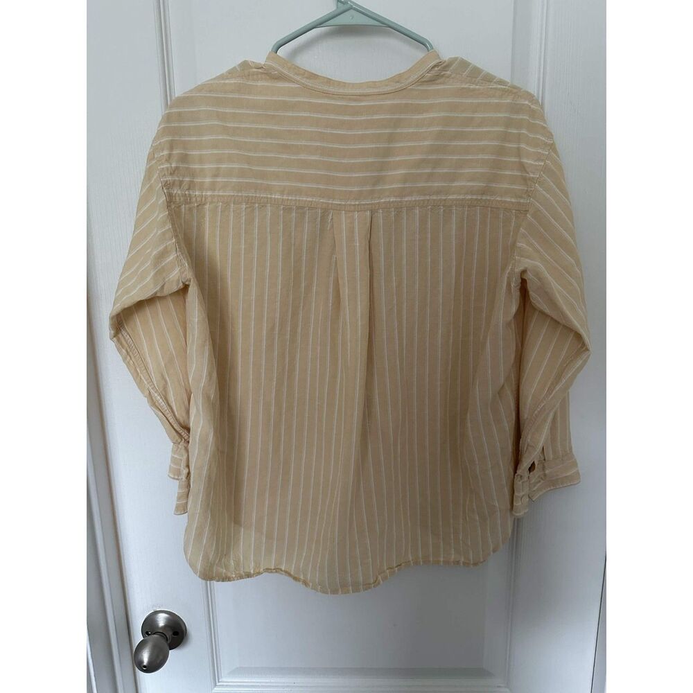 UNIQLO Linen Blend Striped Blouse Beige Band Collar Long Sleeve Women's Small - Picture 4 of 7